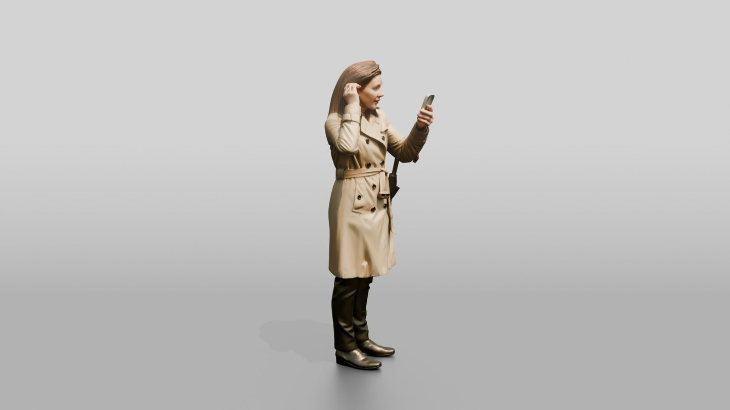 White Woman in Trench Coat Fixing Her Hair