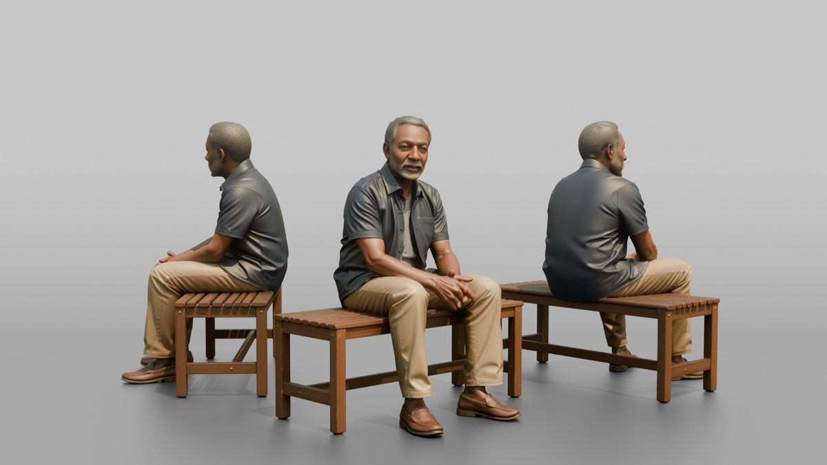 Man Customer Sitting On A Bench Resting - 3D character model, view 1