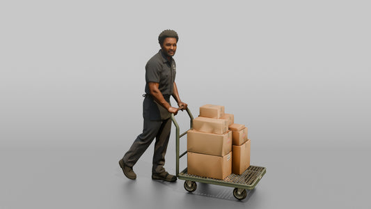 Man Stock Clerk Pushing A Flatbed Cart Loaded With Boxes - 3D character model
