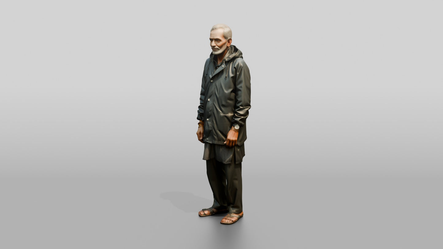 Elderly Indian Man Standing Calmly in the Rain
