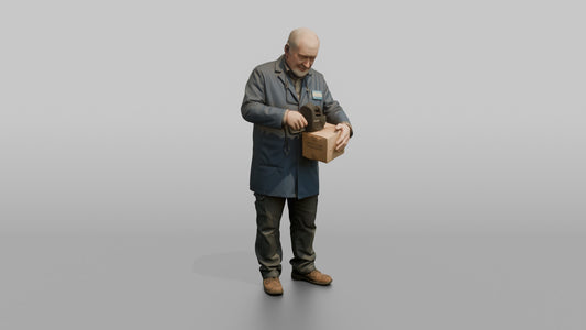 Man Store Clerk Using A Handheld Price Gun On A Small Box - 3D character model