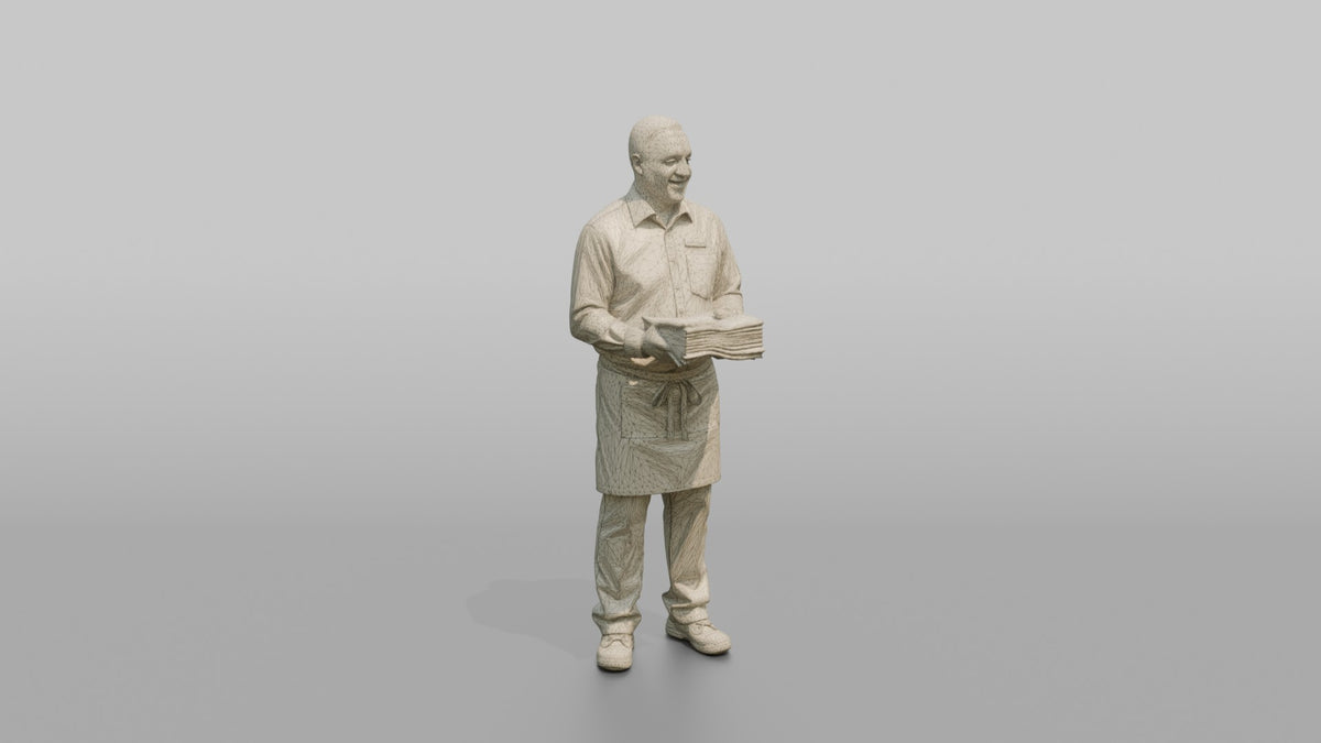 Server Woman Carrying A Stack Of Clean Folded Napkins - wireframe topology preview