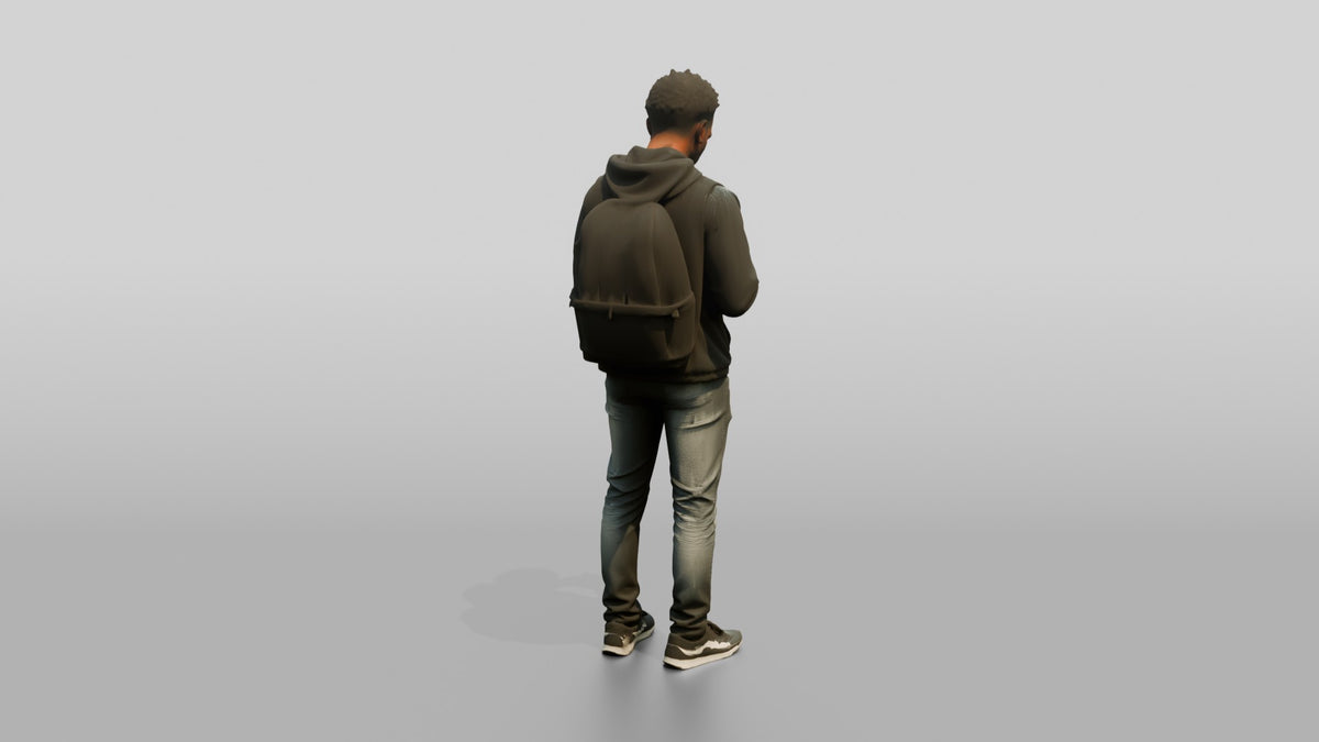 Black Man Texting in Black Windbreaker - 3D character model, view 3