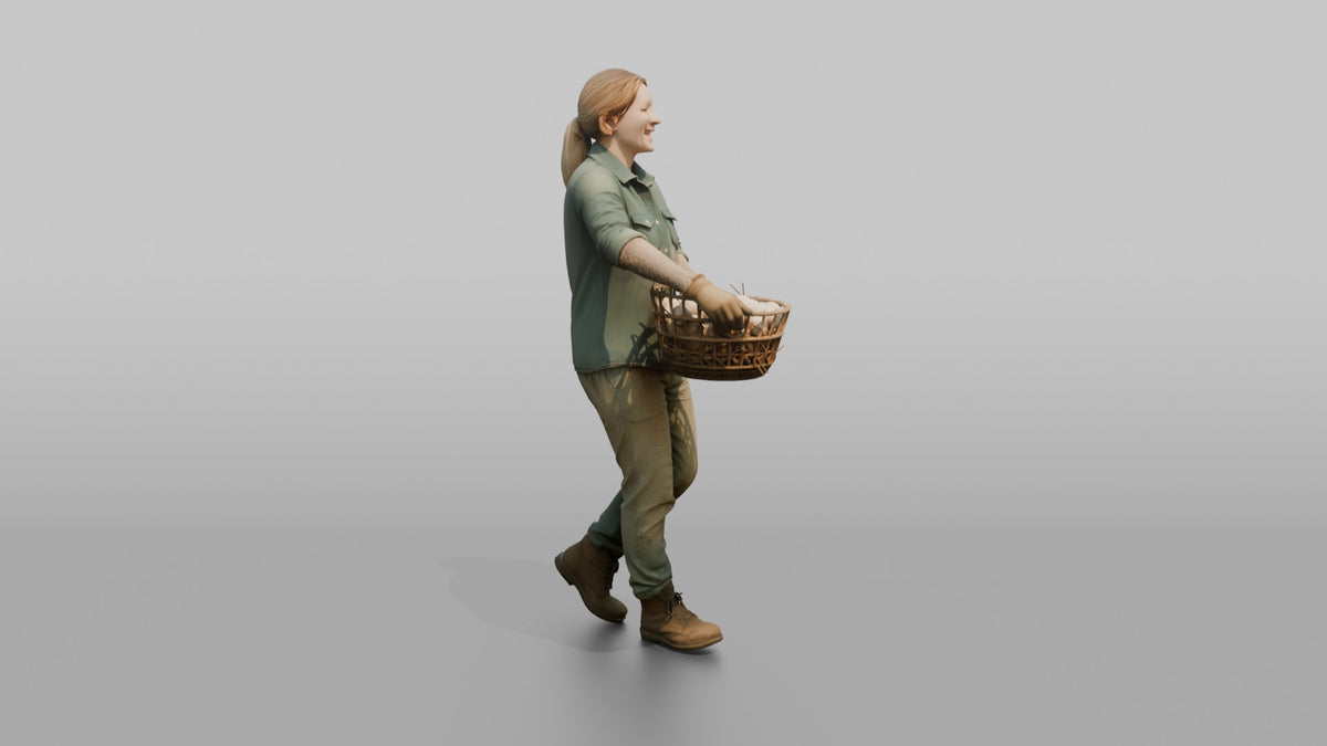 Farmer Carrying Oversized Basket Of Fresh Chicken Eggs - 3D character model, view 2