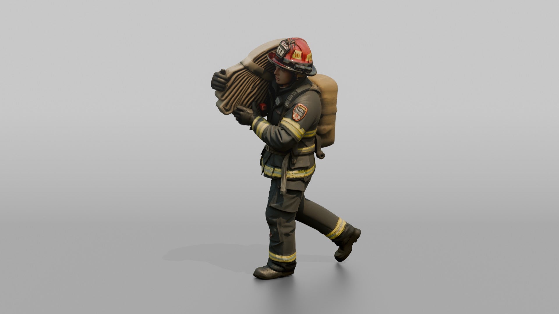 Firefighter Man Hoisting a Heavy Folded Hose Pack Onto His Shoulder