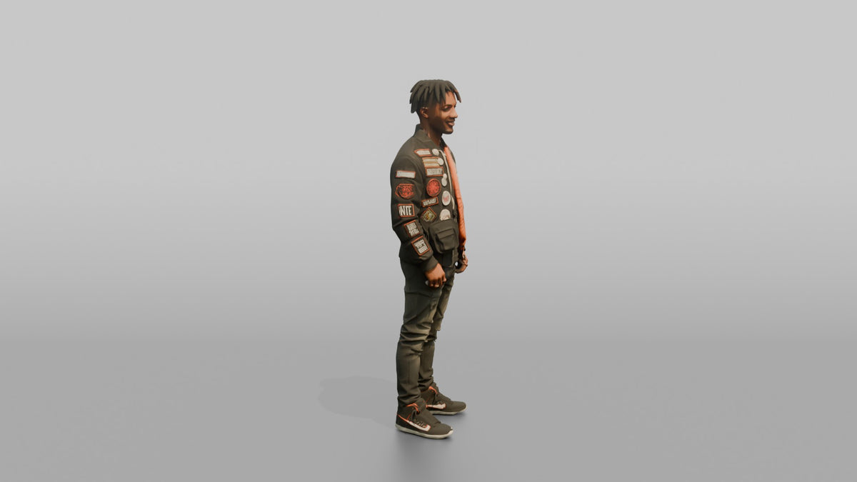 Patron Man Wearing A Vibrant Streetwear Jacket With Bold Patches - 3D character model, view 2
