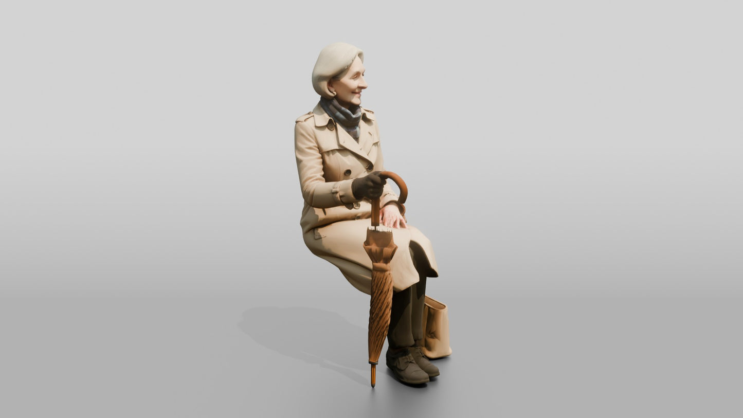 Elderly White Woman in Beige Raincoat on Bench