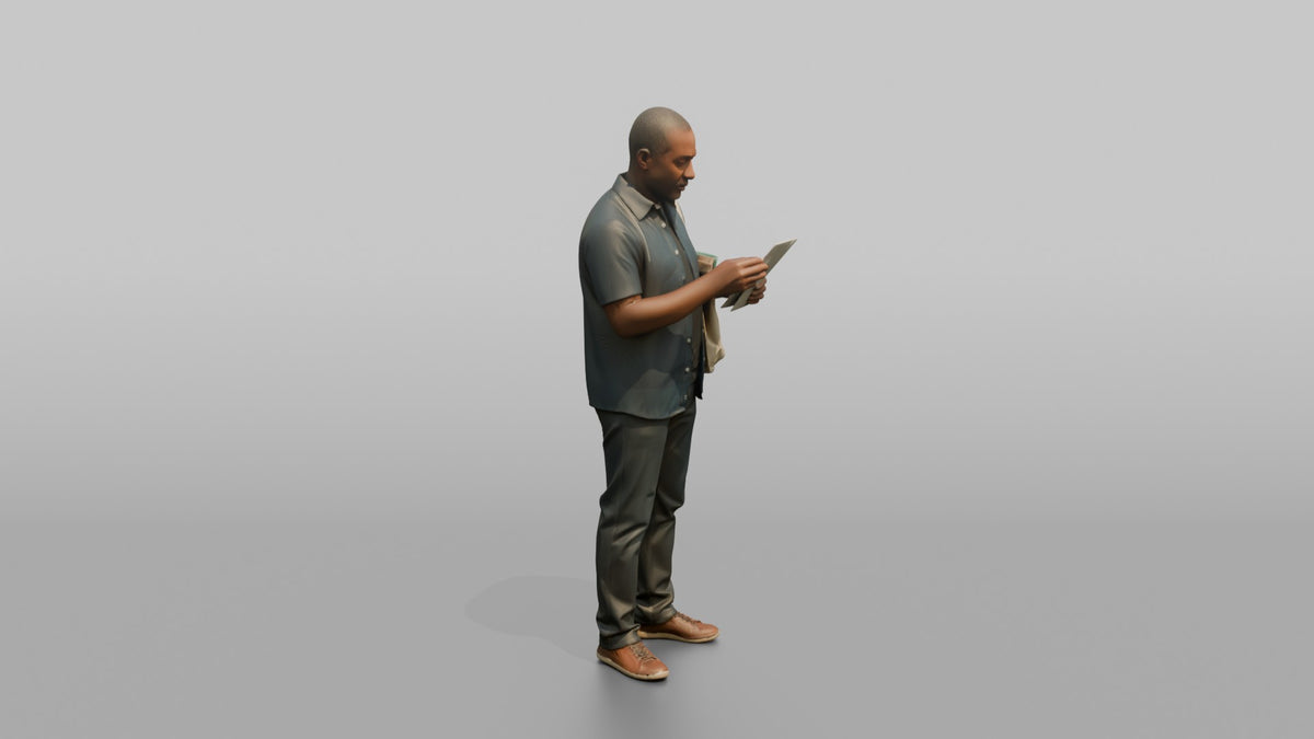 Man Customer Holding A Shopping Bag While Checking A Receipt - 3D character model, view 2