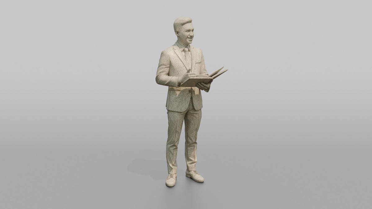 Host Man Holding A Reservation Book - wireframe topology preview