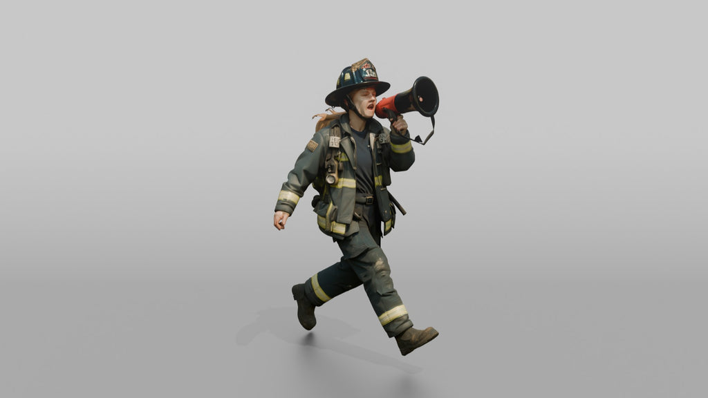 Firefighter Woman Running While Holding a Portable Megaphone