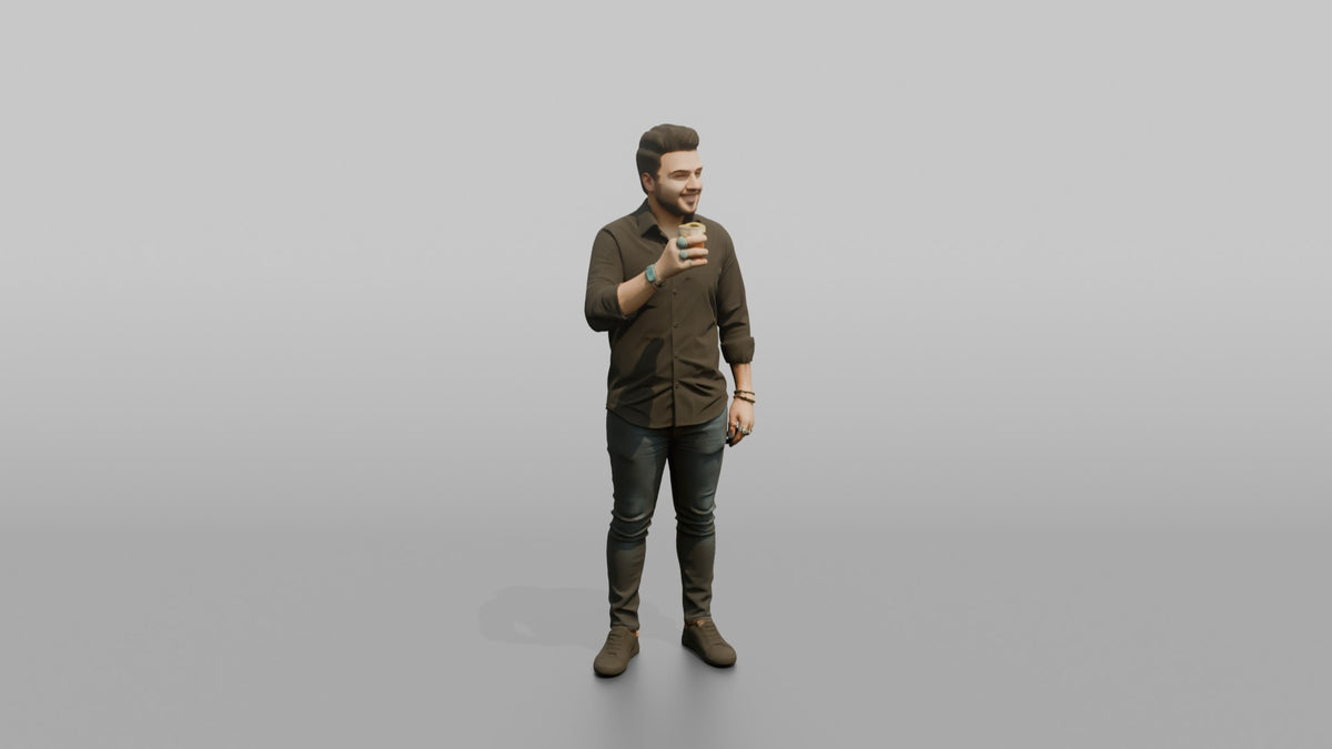 Patron Man Wearing Chunky Colorful Rings, Holding A Drink Up - 3D character model