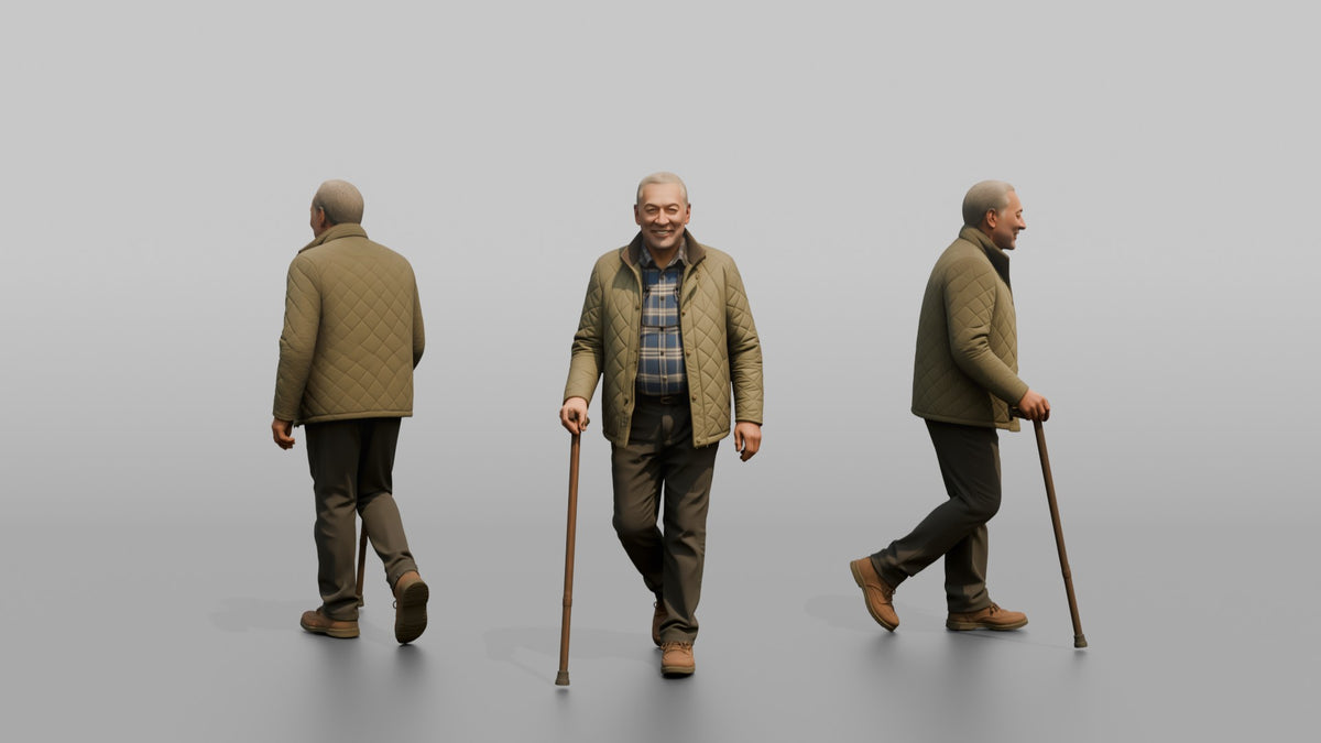 Grandfather Holding A Walking Stick, Mid-stride - 3D character model, view 1