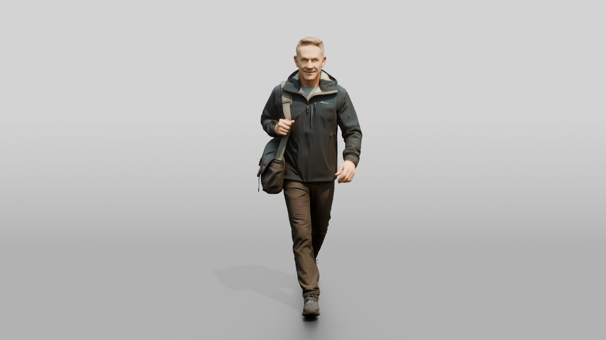 White Man Briskly Walking in Blue Rain Jacket - 3D character model, view 5