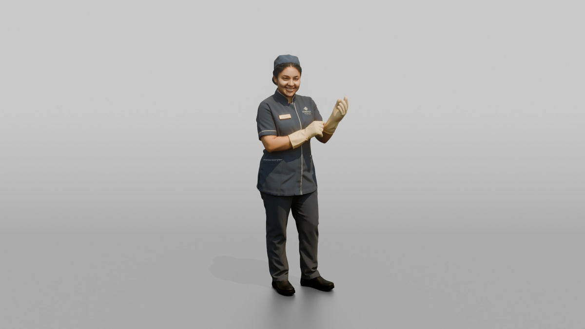 Housekeeping Staff Woman Adjusting Rubber Cleaning Gloves - 3D character model, view 5
