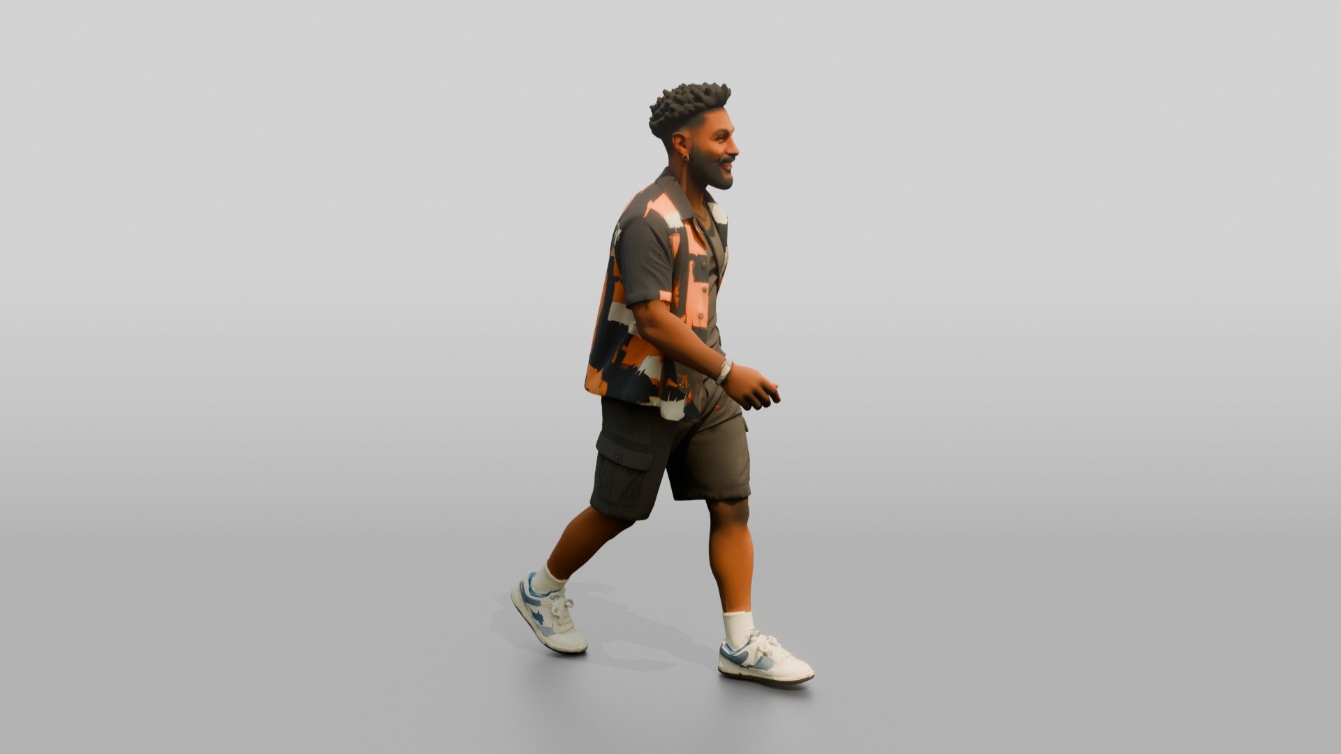 African-American Man Walking Dynamically in Patterned Shirt