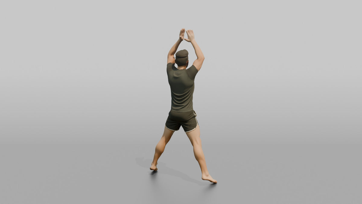 Fitness Influencer Man Mid Jumping-jack, Arms Overhead - 3D character model, view 3