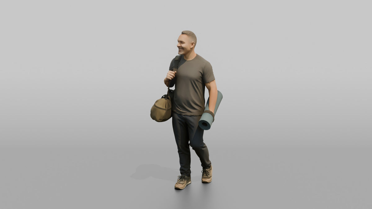 Father Carrying A Rolled-up Yoga Mat And A Gym Bag - 3D character model, view 4