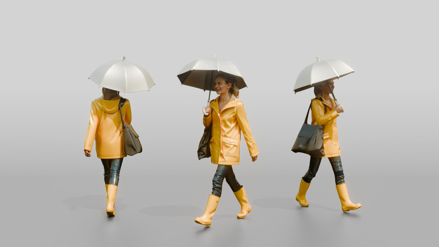 White Woman in Yellow Raincoat with Umbrella