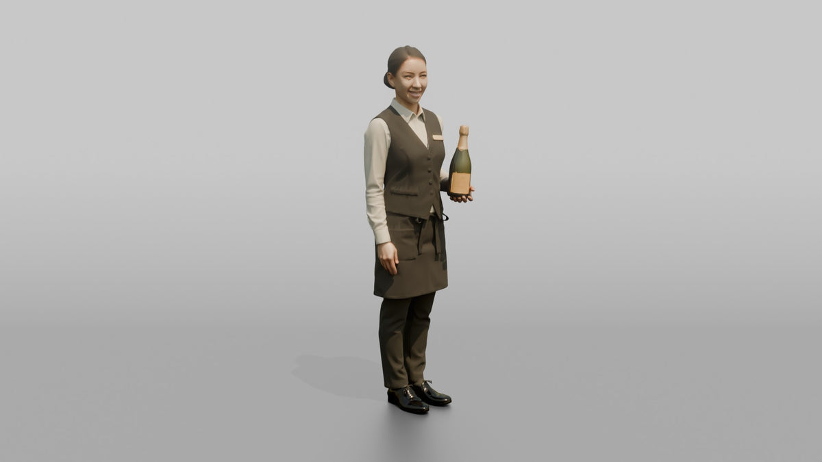 Cocktail Server Woman Holding A Bottle Of Champagne - 3D character model
