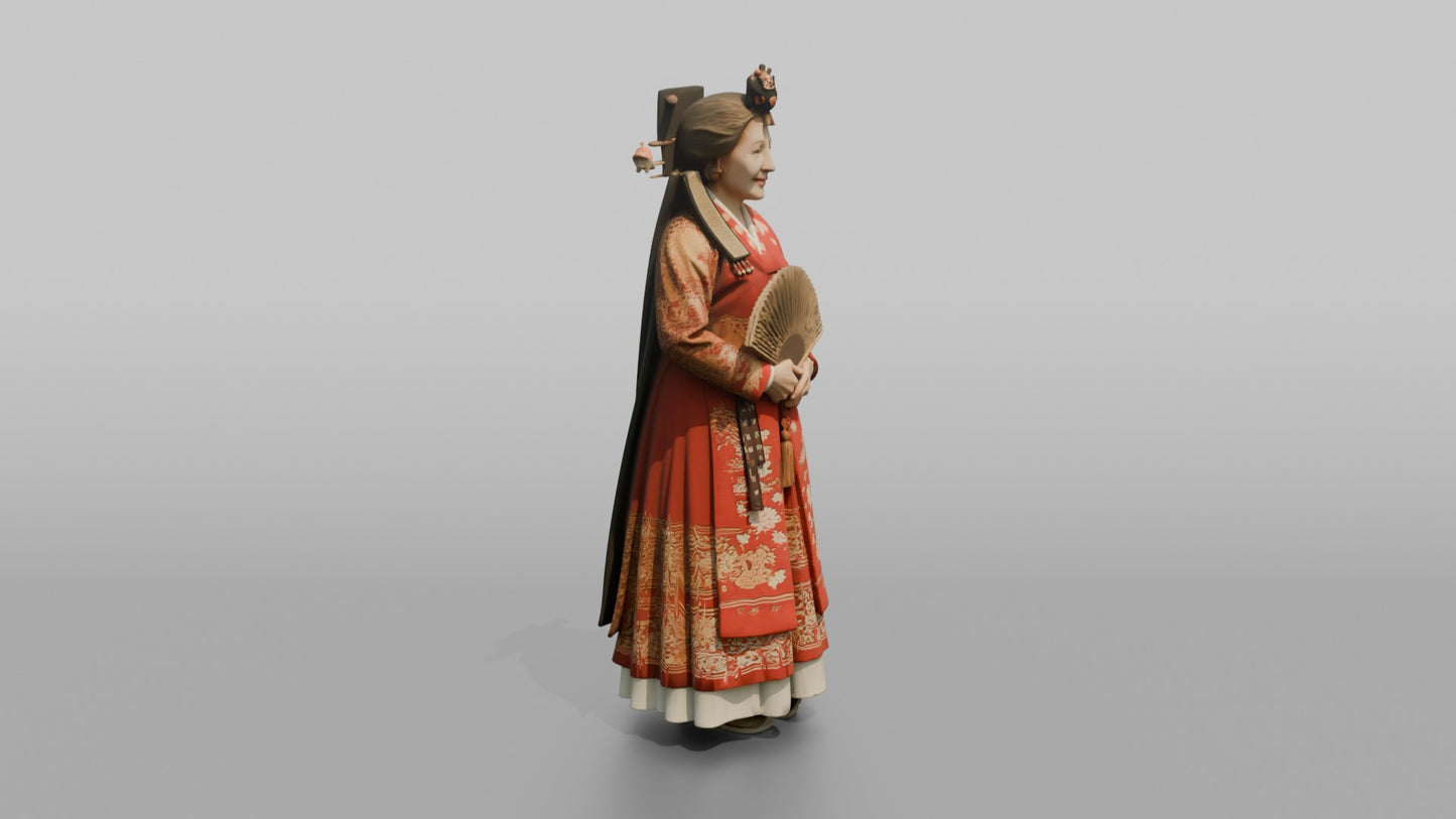 East Asian Bride in a Traditional Red Hanbok