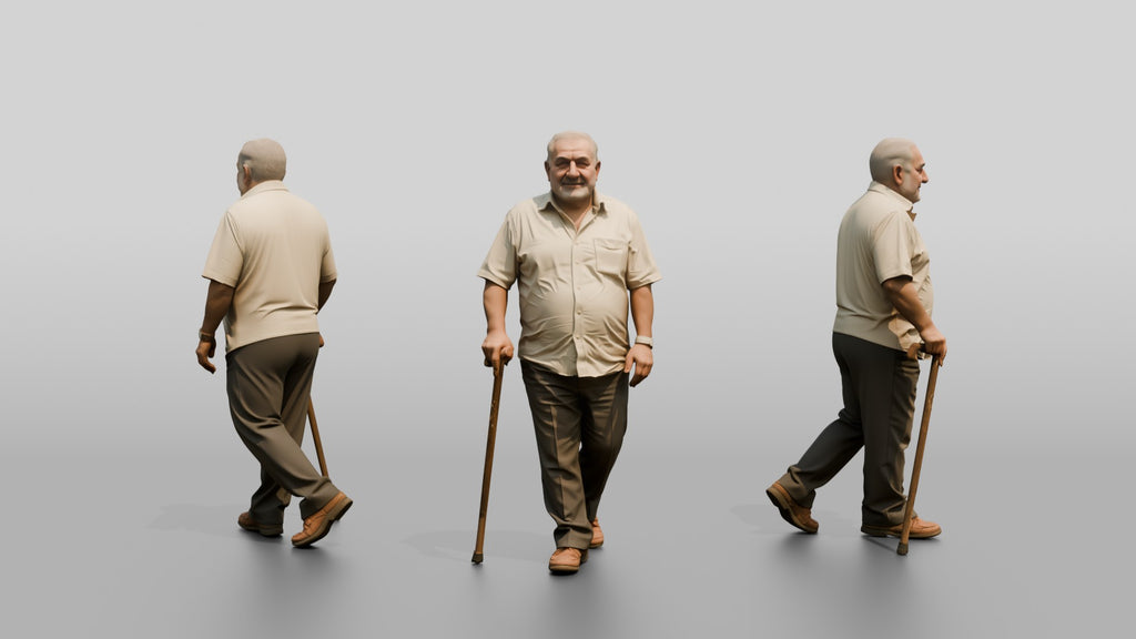 Elderly Stocky Syrian Man Walking with a Cane