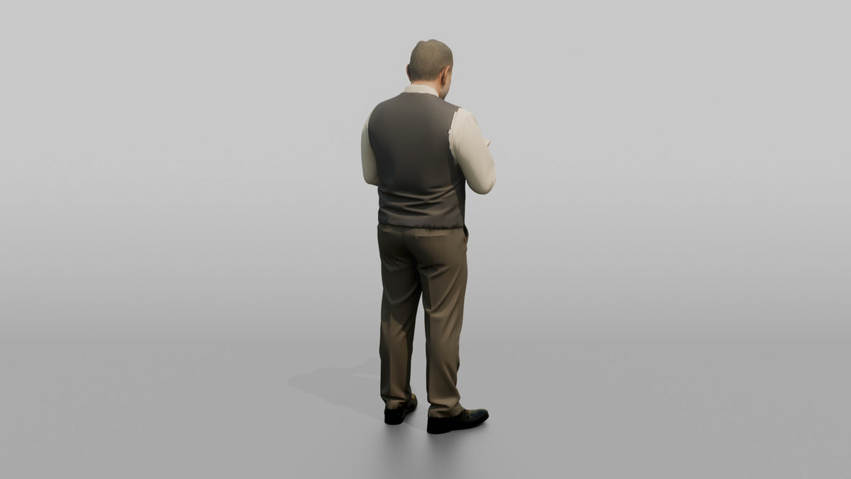 Host Man Checking A Reservation List On A Clipboard - 3D character model, view 3
