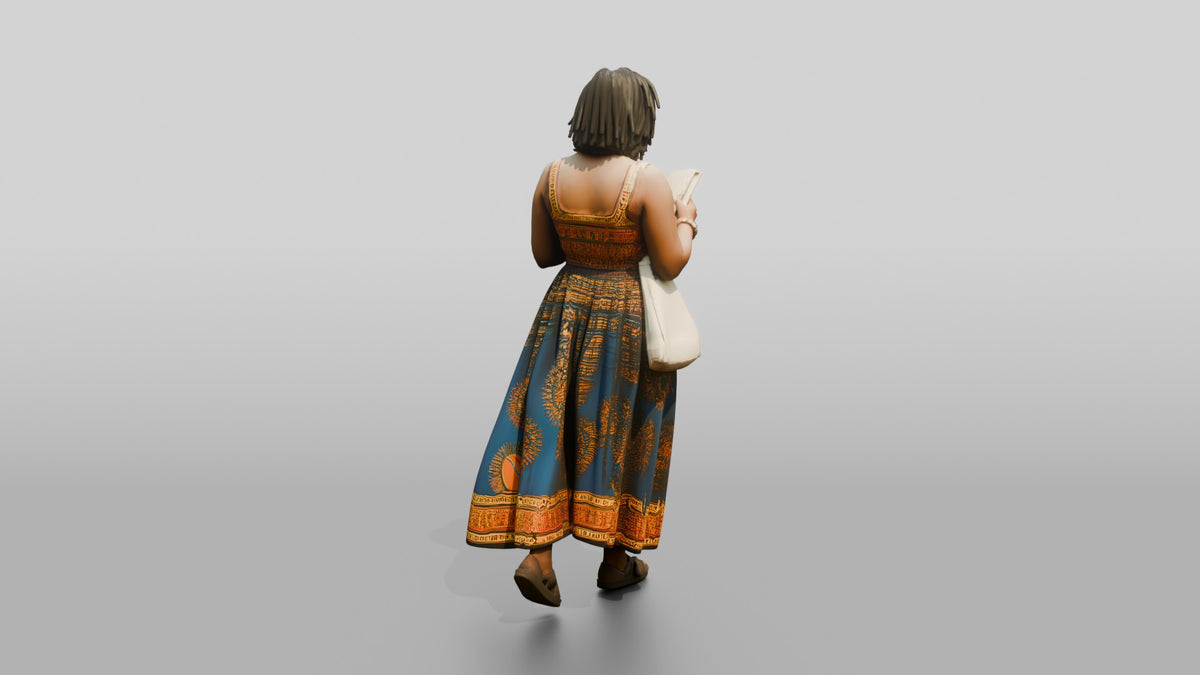 African Woman Reading a Book in a Printed Maxi Dress - 3D character model, view 3