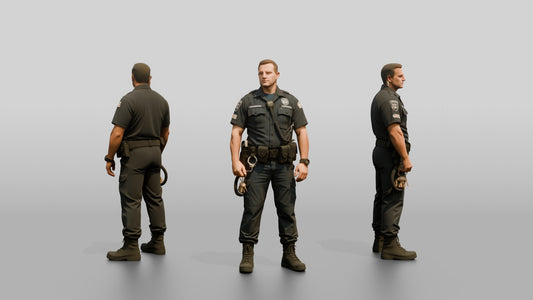 White Male Guard in a Navy Blue Tactical Guard Uniform