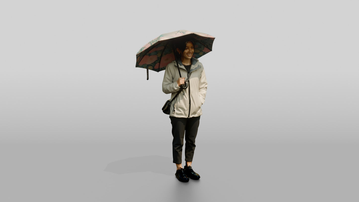 Southeast Asian Woman in White Rain Jacket