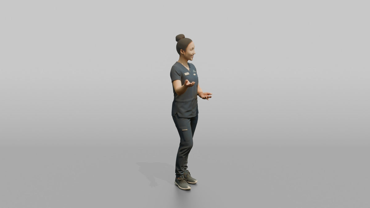 Esthetician Woman Gesturing Toward A Treatment Chair - 3D character model, view 2