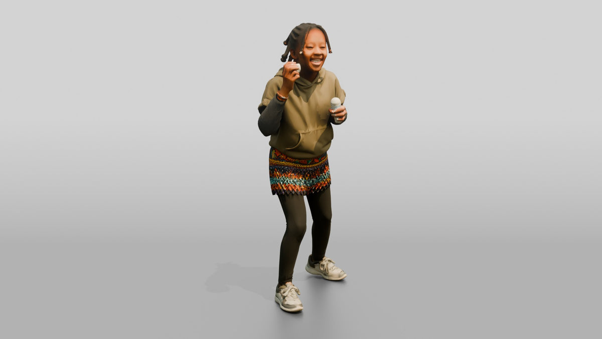 African Girl Blowing Bubbles in a Beaded Skirt - 3D character model, view 2