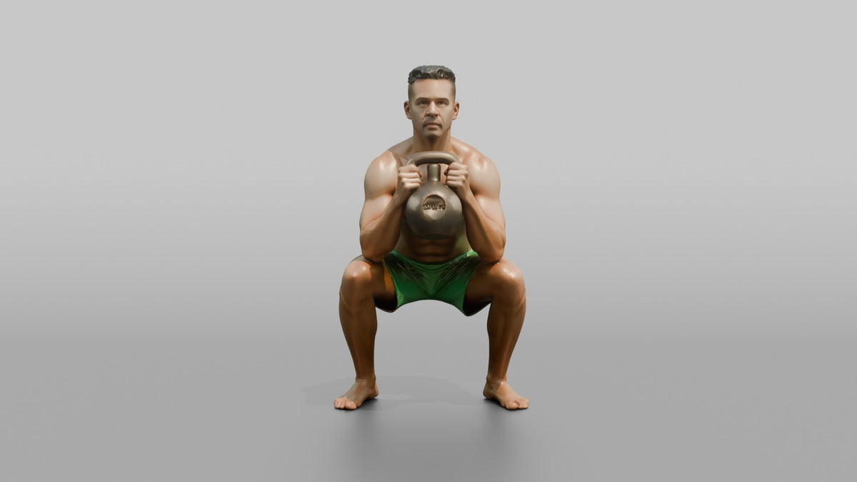 Weightlifter Man Holding A Kettlebell In A Goblet Squat Position - 3D character model, view 5