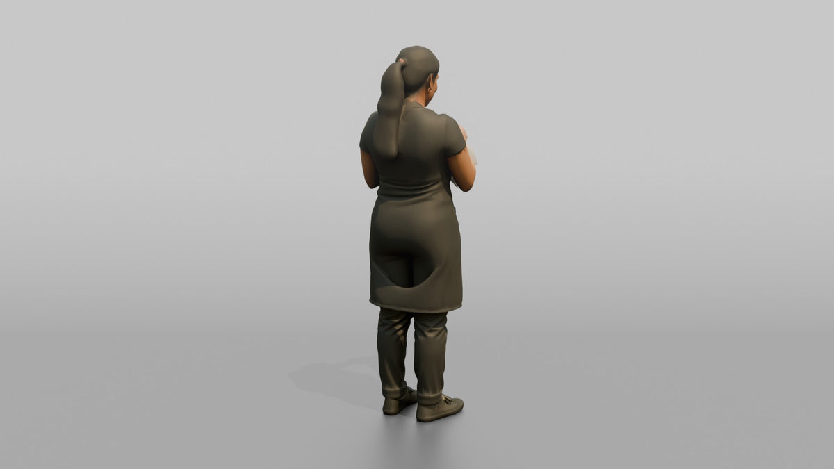Bartender Woman Wiping A Cocktail Glass With A Bar Towel - 3D character model, view 3