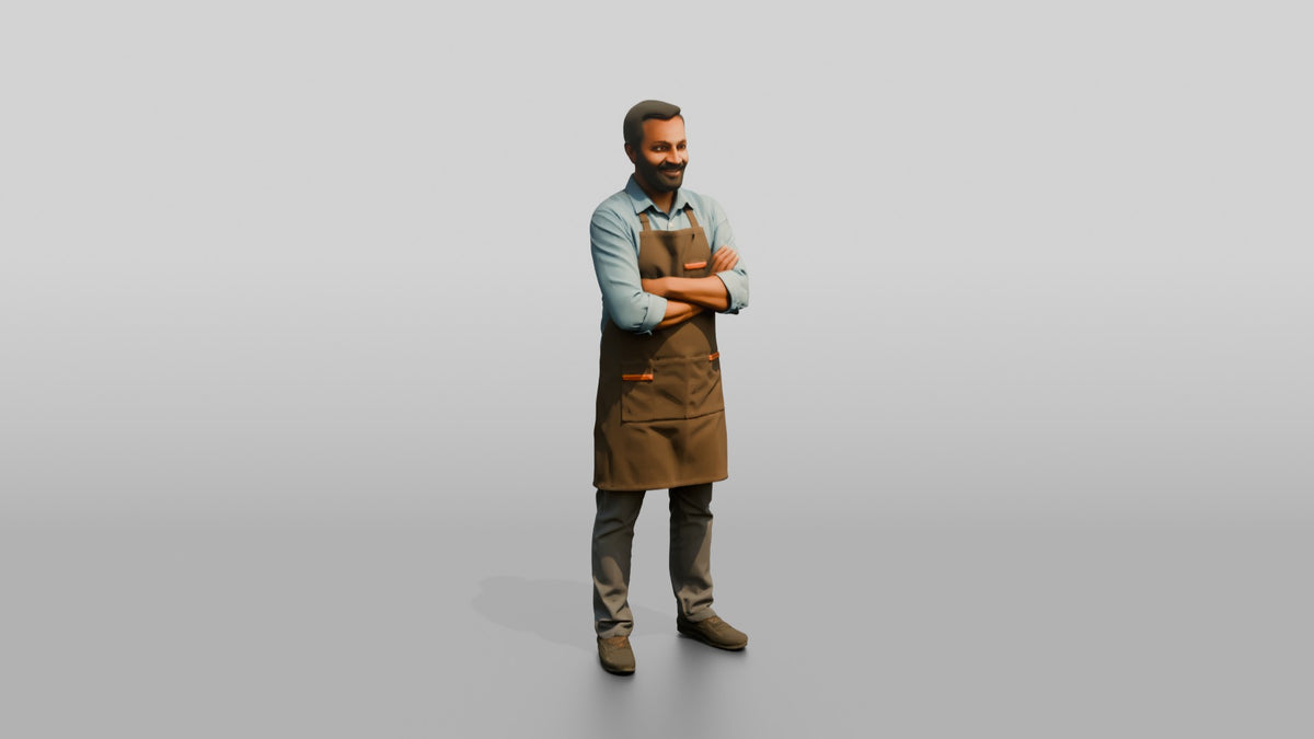 South Asian Cafe Owner in Apron - 3D character model, view 1
