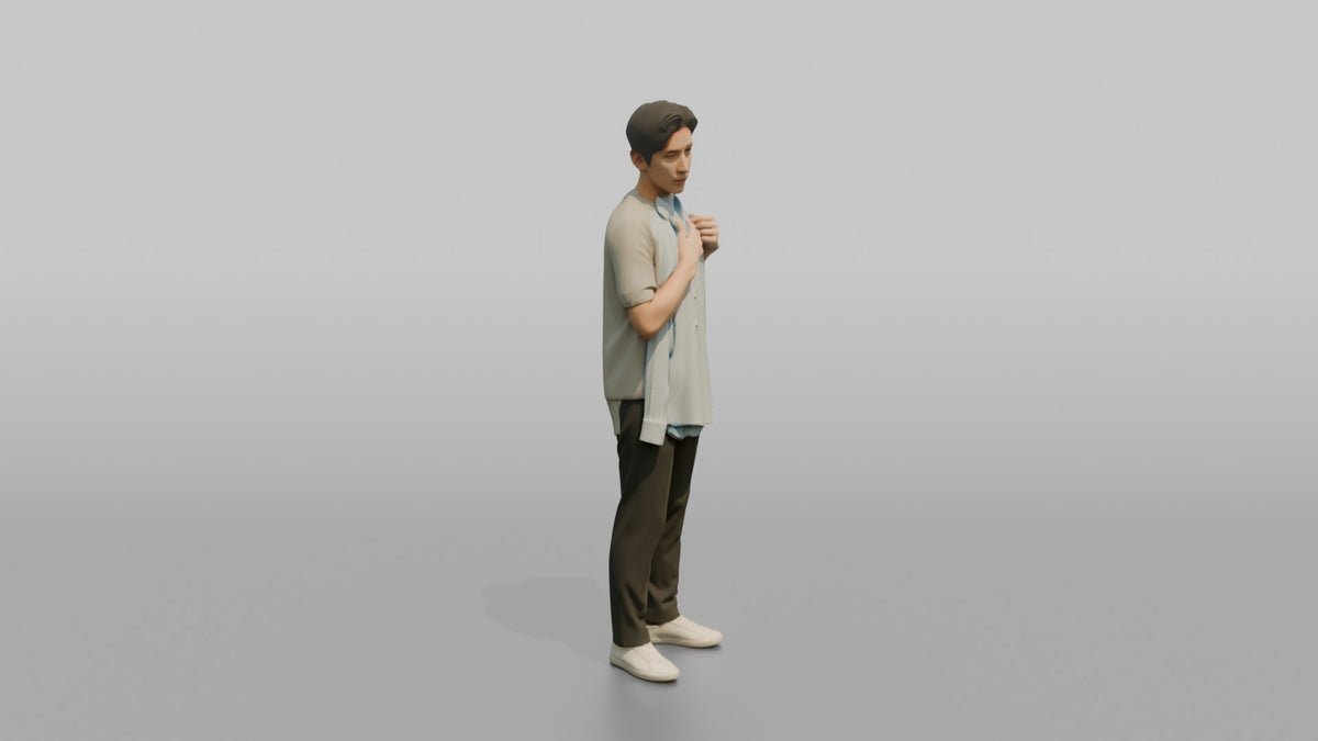 Man Customer Looking At His Reflection While Holding A Dress Shirt Against His Chest - 3D character model, view 2
