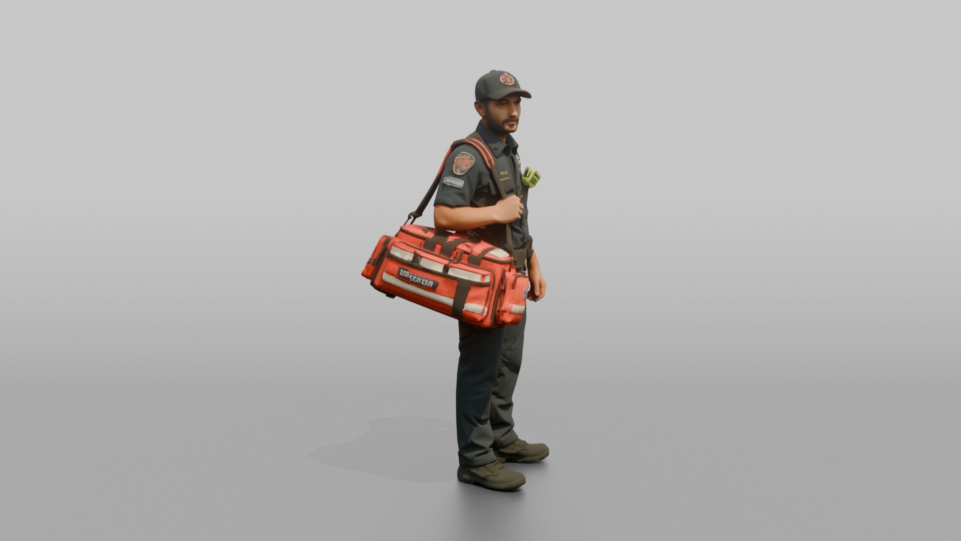 Firefighter Man Carrying a Bright Red Medical Emergency Trauma Bag