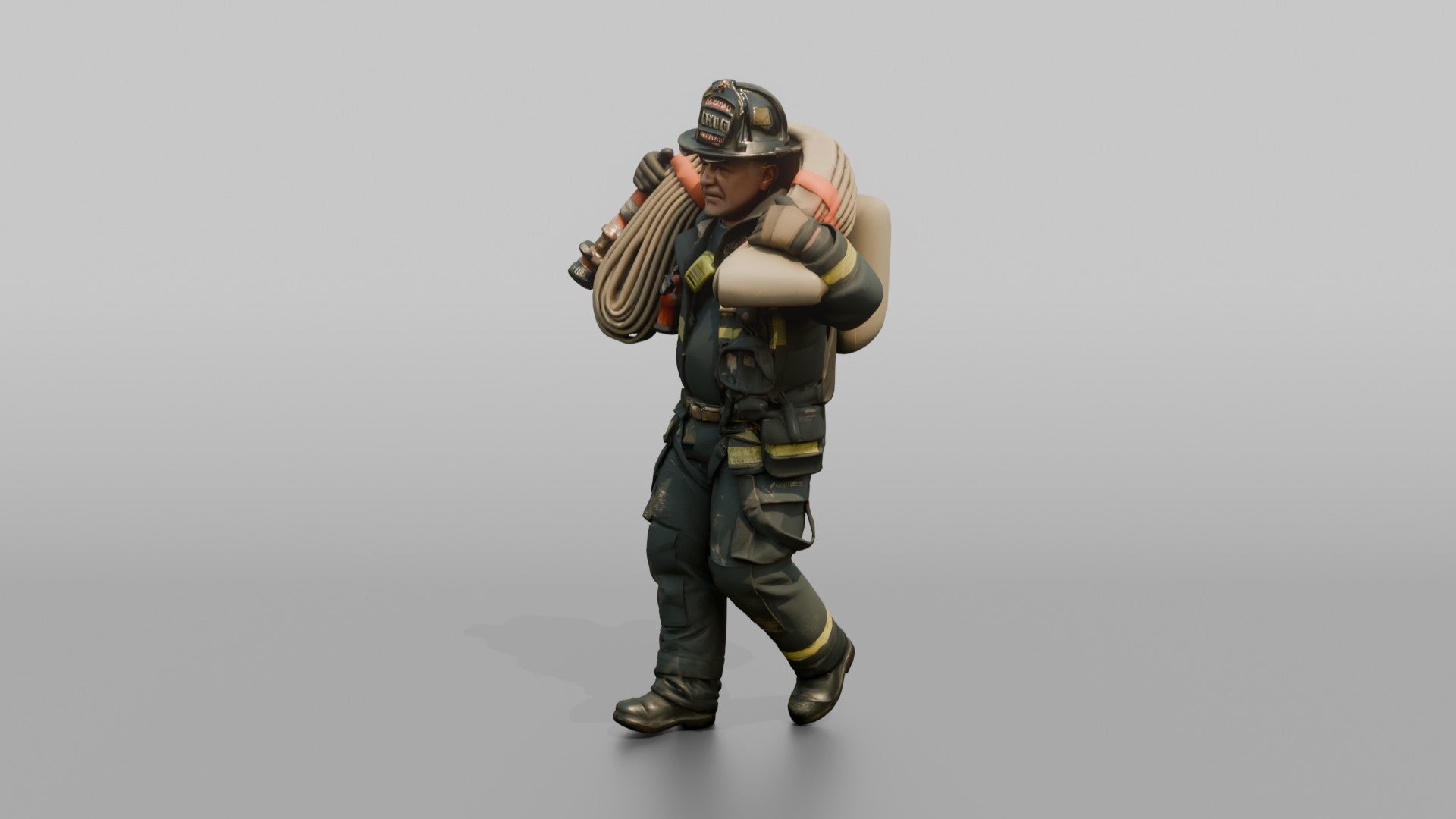 Firefighter Man Carrying a Hose Bundle on Both Shoulders