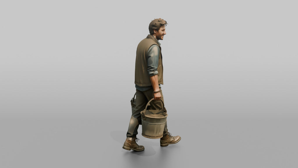 Farmer Carrying Pair Of Heavy Iron Bucket Pails
