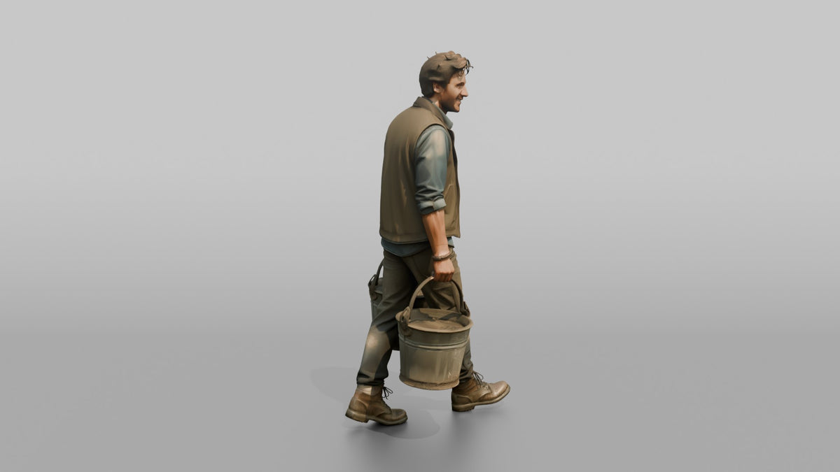 Farmer Carrying Pair Of Heavy Iron Bucket Pails - 3D character model, view 2