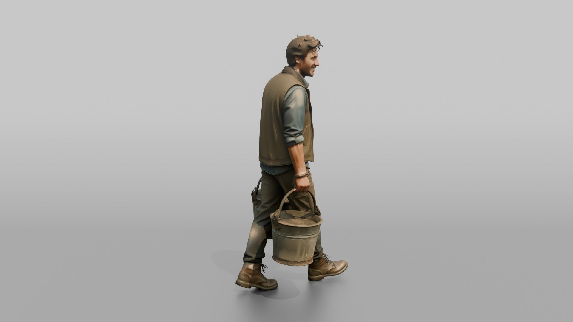 Farmer Carrying Pair Of Heavy Iron Bucket Pails