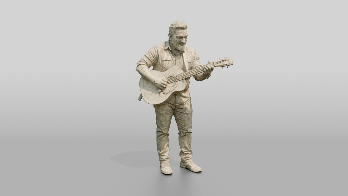 Homeless Man Playing an Old Acoustic Guitar - wireframe topology preview