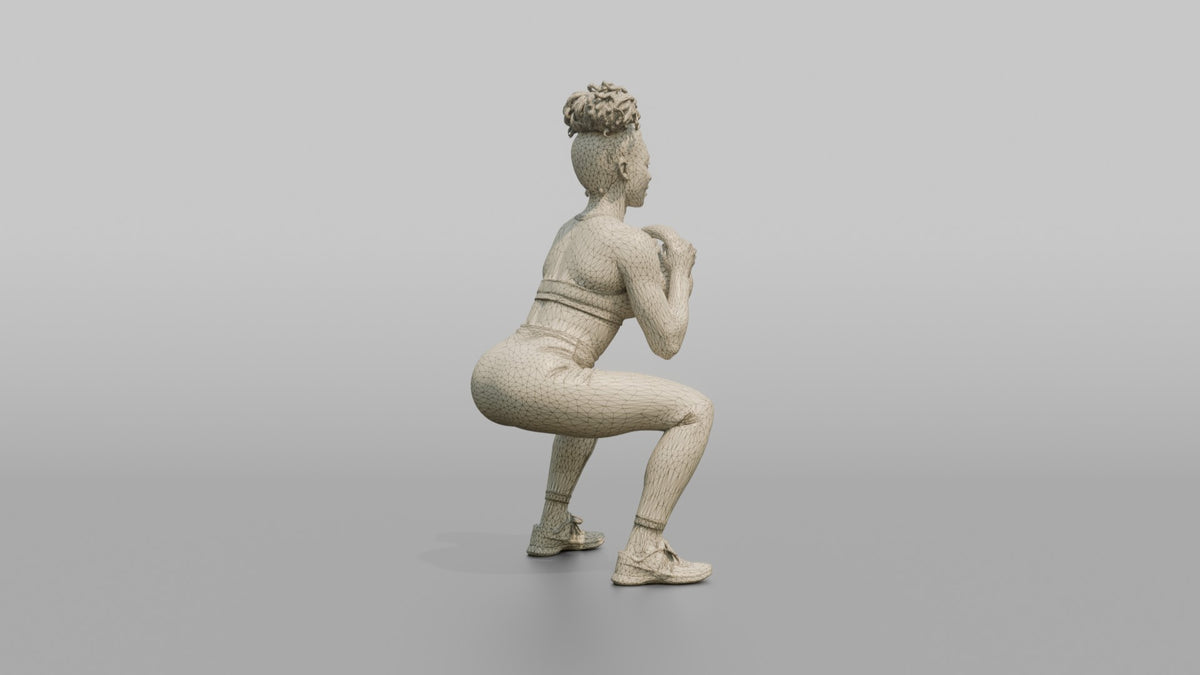 Weightlifter Woman Holding A Kettlebell In A Goblet Squat Position - wireframe topology preview