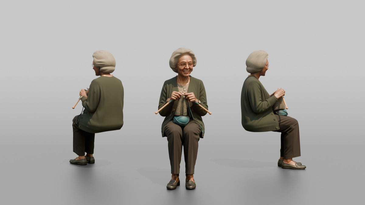 Grandmother Holding A Pair Of Knitting Needles And Yarn - 3D character model, view 1