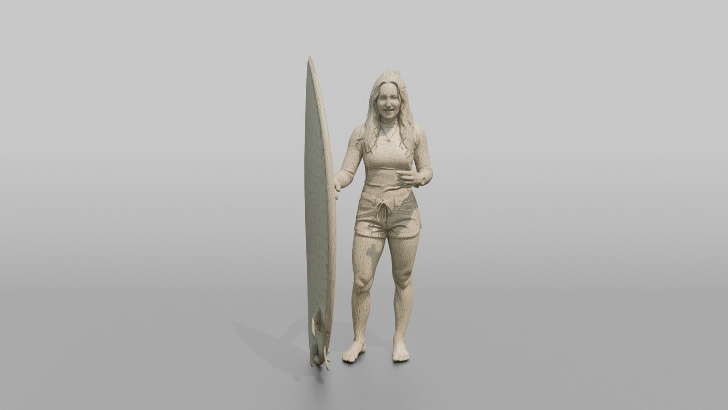 Surfer Gesturing Toward Her Surfboard