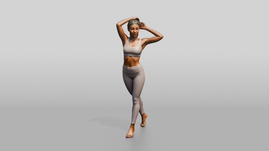 Woman in Lilac Activewear with Arms Raised to Her Hair - 3D character model, view 1