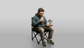 Chinese Man Relaxing with Bubble Tea and Tablet