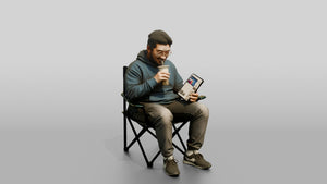 Chinese Man Relaxing with Bubble Tea and Tablet - 3D character model, view 1