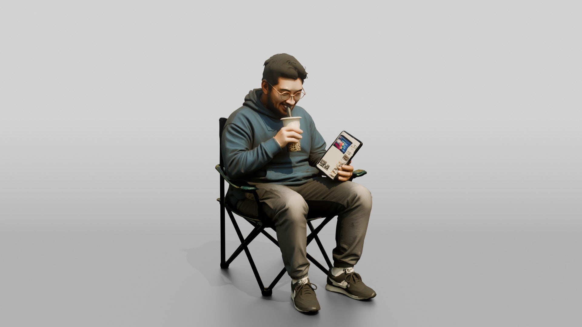 Chinese Man Relaxing with Bubble Tea and Tablet