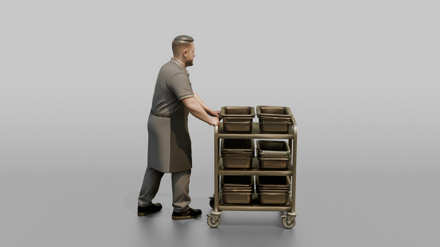 Mess Attendant Pushing a Food Trolley