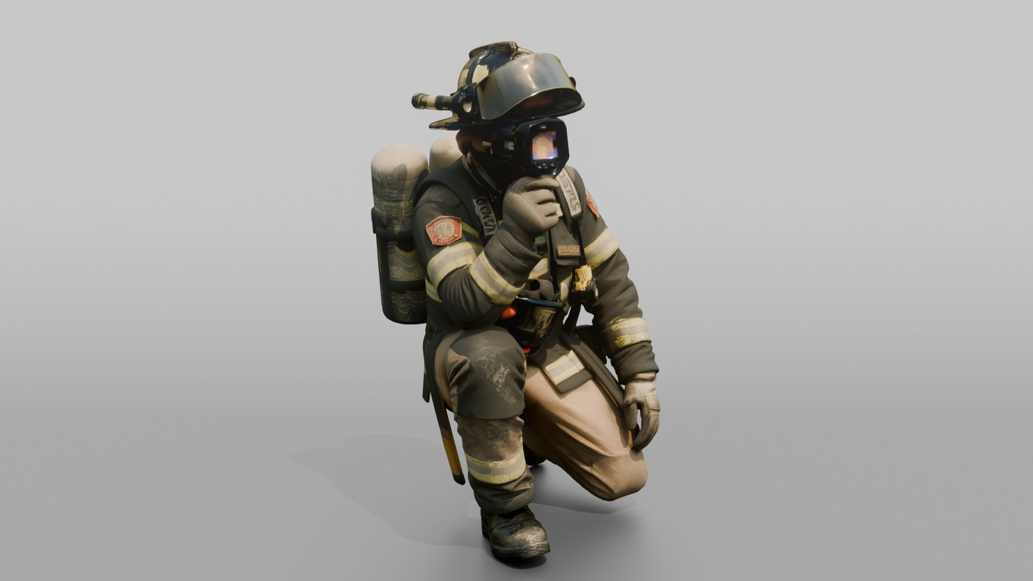 Firefighter Man Crouching Low with Thermal Vision Scope